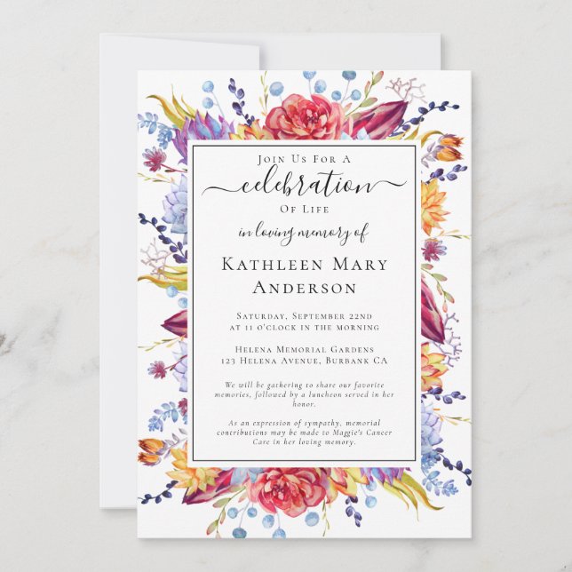 Succulents Celebration of Life Memorial Invitation (Front)