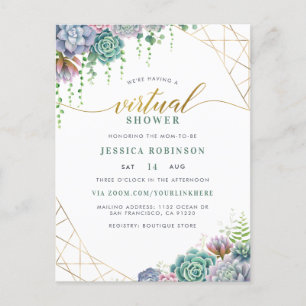 Succulents & Chic Gold Script Virtual Baby Shower Invitation Postcard