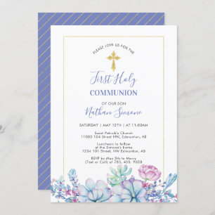 Succulents & Cross First Holy Communion Invitation