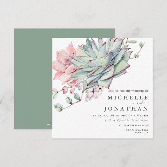 Succulents doux Faire-part de mariage rose vert (Devant / Derrière)