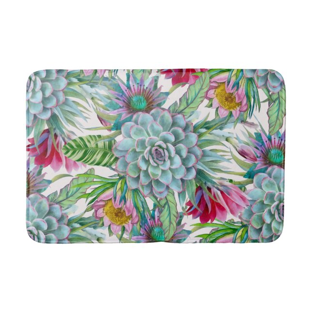Succulents Echeveria Cactus Flowers Pattern Bath Mat (Front)