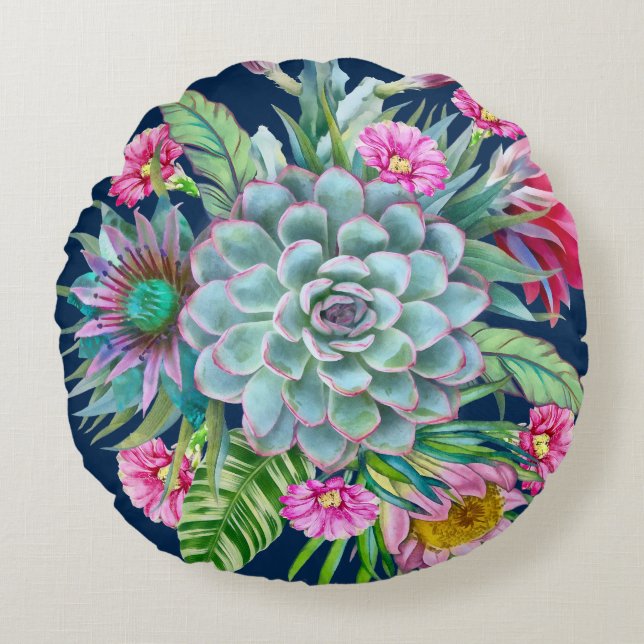 Succulents Echeveria Cactus Flowers Pattern  Round Pillow (Front)