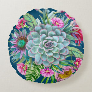 Succulents Echeveria Cactus Flowers Pattern Round Pillow