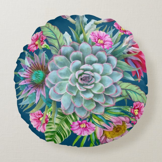 Succulents Echeveria Cactus Flowers Pattern  Round Pillow (Front)