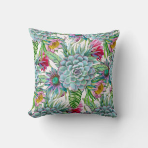 Succulents Echeveria Cactus Flowers Pattern Throw Pillow