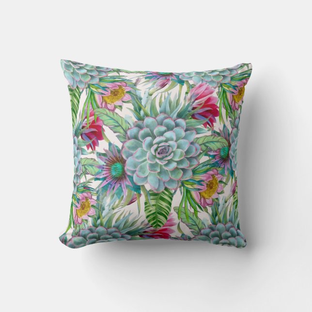 Succulents Echeveria Cactus Flowers Pattern Throw Pillow (Front)