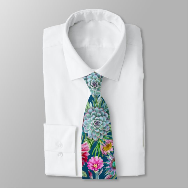 Succulents Echeveria Cactus Flowers Pattern Tie (Tied)