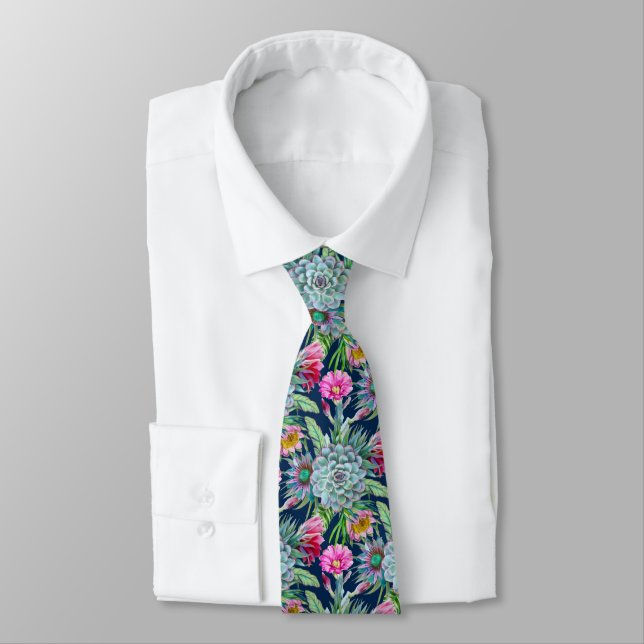 Succulents Echeveria Cactus Flowers Pattern Tie (Tied)