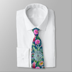Succulents Echeveria Cactus Flowers Pattern Tie