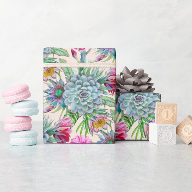Succulents Echeveria Cactus Flowers Pattern Wrapping Paper (Baby Shower)
