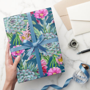 Succulents Echeveria Cactus Flowers Pattern  Wrapping Paper