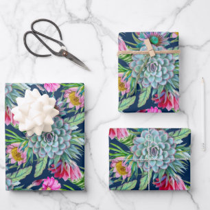 Succulents Echeveria Cactus Flowers Pattern  Wrapping Paper Sheet
