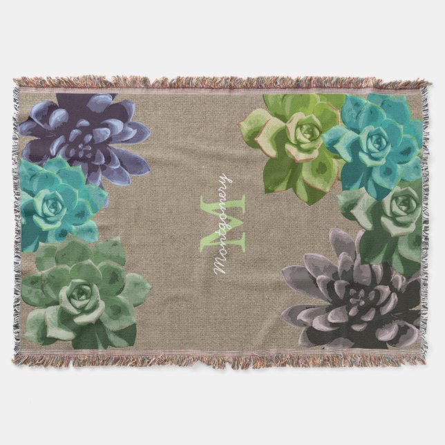Succulents Faux Burlap - Personalized Throw Blanket (Front)