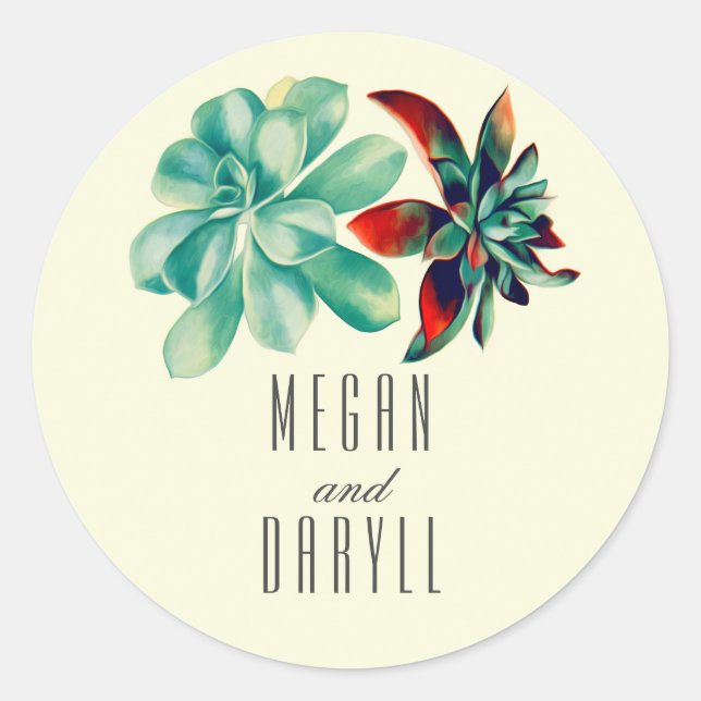 Succulents Floral Bouquet Teal Wedding Classic Round Sticker (Front)