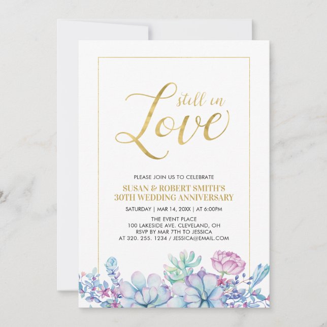 Succulents Flower & Gold Wedding Anniversary Party Invitation (Front)