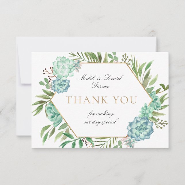 Succulents Geometric Frame Wedding Thank You Card (Front)