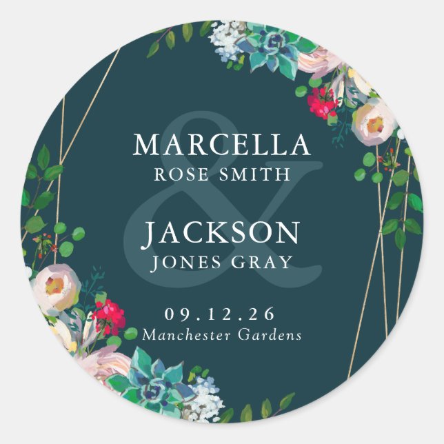 Succulents & Gold Chic Wedding Classic Round Sticker (Front)