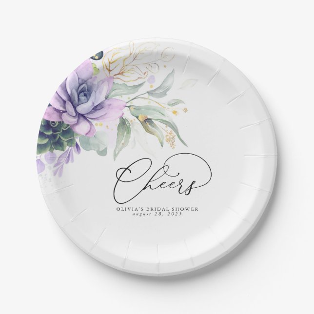Succulents Gold Greenery Elegant Modern Cheers Pap Paper Plate (Front)
