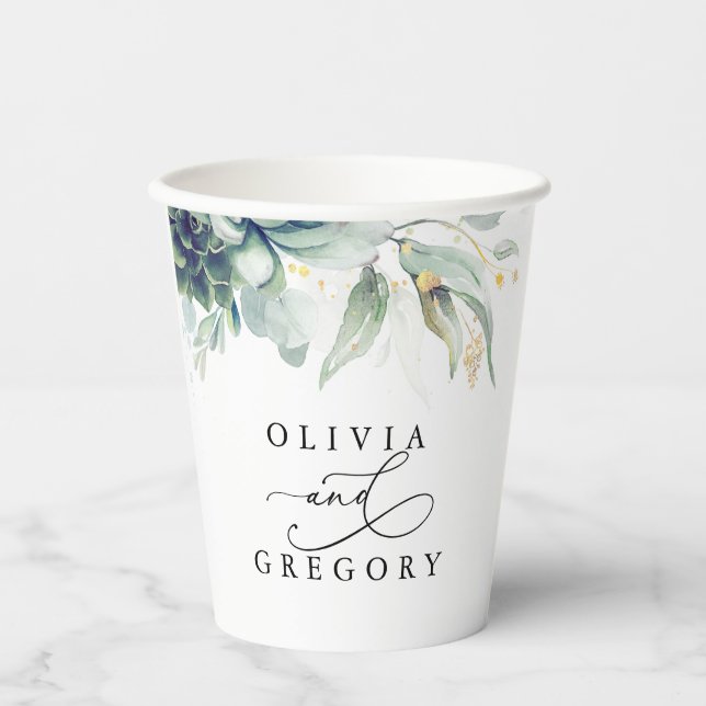 Succulents Gold Greenery Elegant Modern Wedding Paper Cups (Front)