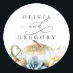 Succulents Gold Pumpkins Greenery Wedding Classic Round Sticker<br><div class="desc">Greenery,  succulents,  gold leaves and pumpkins fall wedding stickers</div>