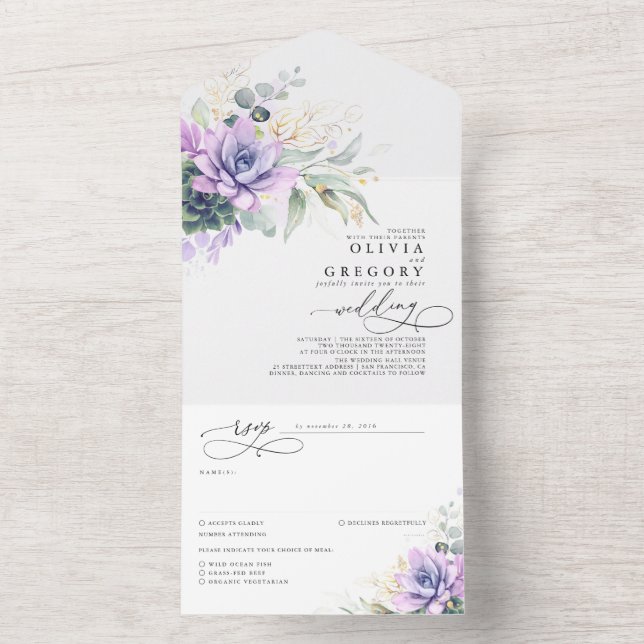 Succulents Greenery and Gold Leaves Wedding All In All In One Invitation (Inside)