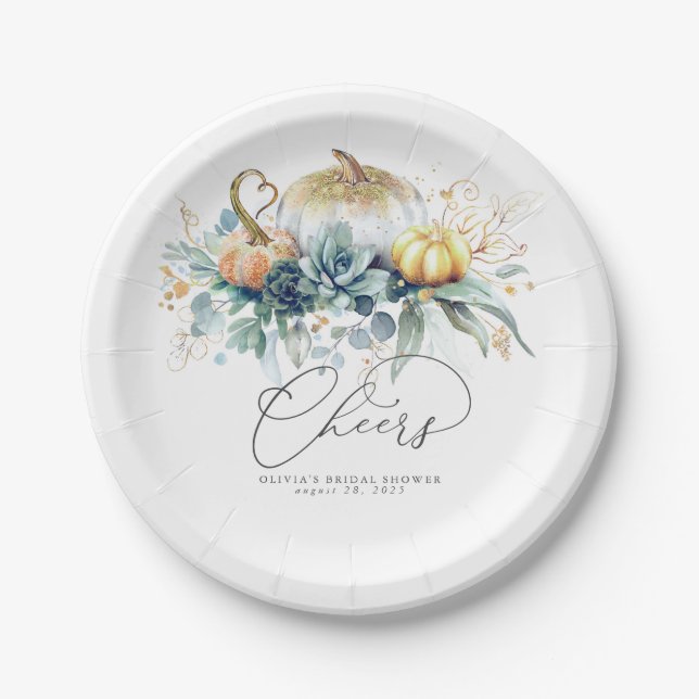 Succulents Greenery and Gold Pumpkins Fall Cheers Paper Plate (Front)