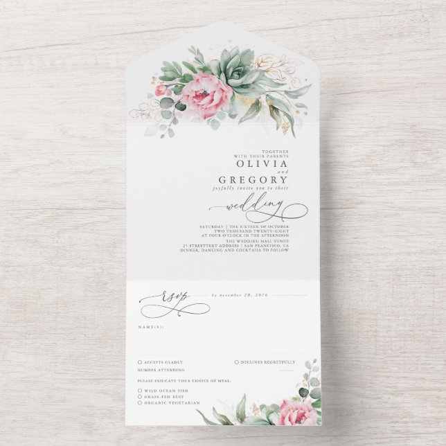Succulents Greenery and Pink Flowers Boho Wedding All In One Invitation (Inside)