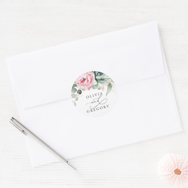 Succulents Greenery and Pink Flowers Wedding Classic Round Sticker (Envelope)