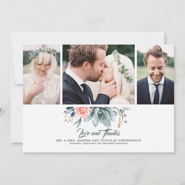 Succulents Greenery and Pink Rose 3 Photos Wedding Thank You Card (Front)