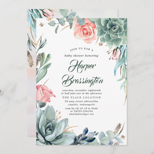 Succulents Greenery and Pink Rose Baby Shower Invitation (Front/Back)