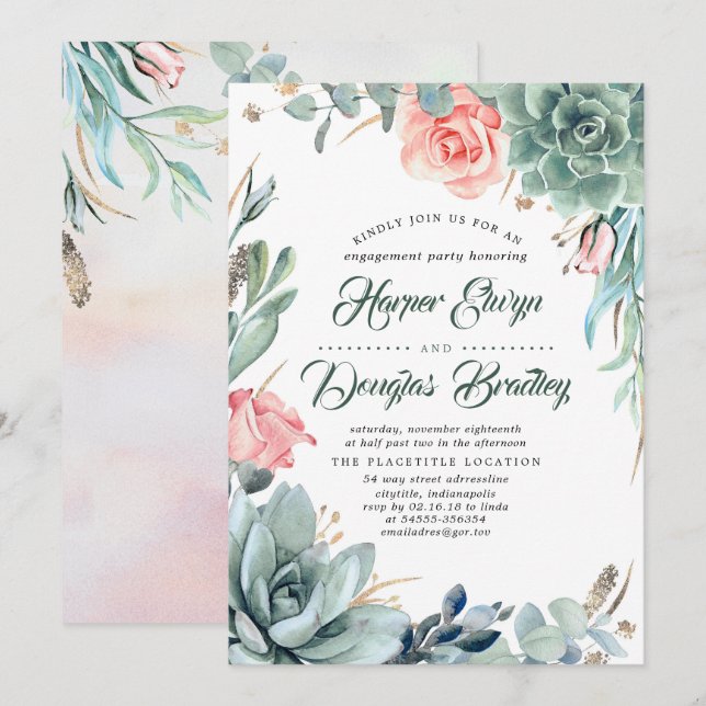 Succulents Greenery and Pink Rose Engagement Party Invitation (Front/Back)