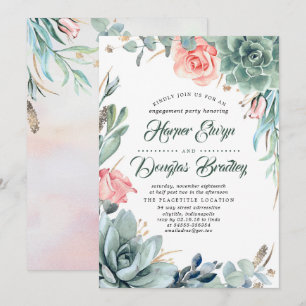 Succulents Greenery and Pink Rose Engagement Party Invitation