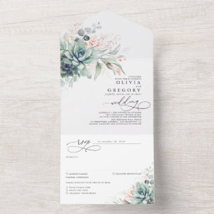 Succulents Greenery and Rose Gold Leaves Wedding All In One Invitation
