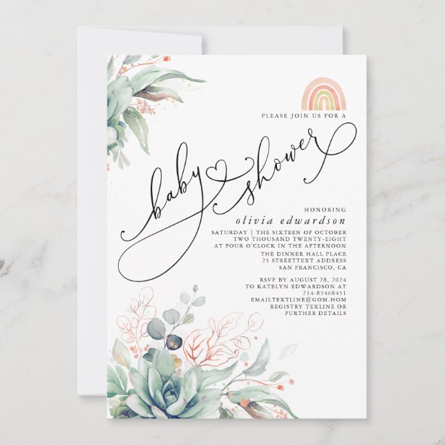 Succulents Greenery Cute Rainbow Baby Shower Invit Invitation (Front)
