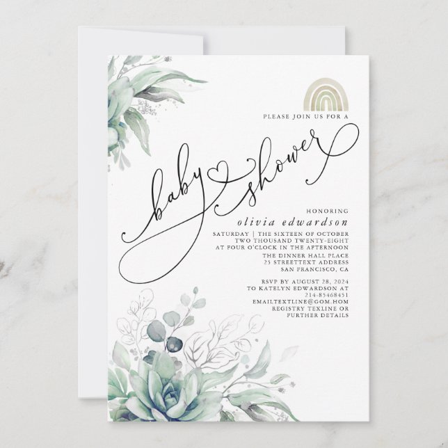 Succulents Greenery Cute Rainbow Baby Shower Invit Invitation (Front)