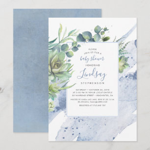 Succulents Greenery Dusty Blue Baby Shower Invitation