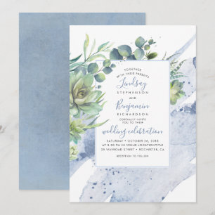 Succulents Greenery Dusty Blue Elegant Wedding Invitation