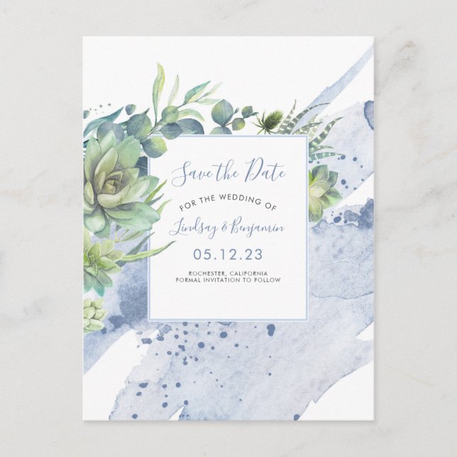 Succulents Greenery Dusty Blue Save the Date Announcement Postcard (Front)