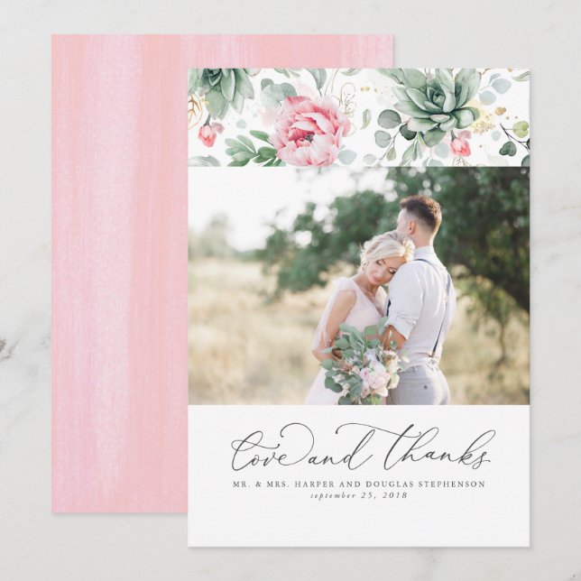 Succulents Greenery Elegant Pink Wedding Thank You (Front/Back)