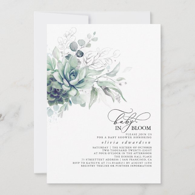 Succulents Greenery Gold Leaves Boho Baby Shower I Invitation (Front)