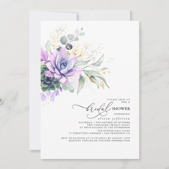 Succulents Greenery Gold Leaves Boho Bridal Shower Invitation (Front)