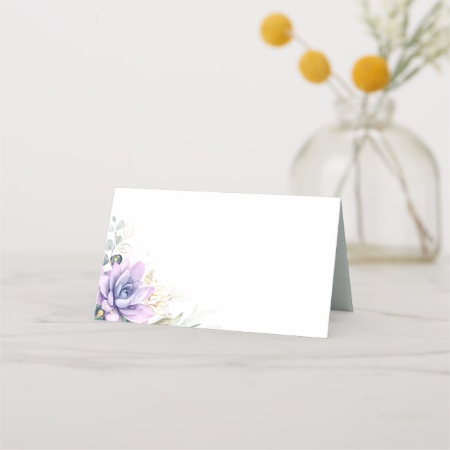 Succulents Greenery Gold Leaves Wedding Place Card (Front)