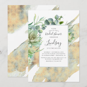 Succulents Greenery Gold Watercolors Bridal Shower Invitation