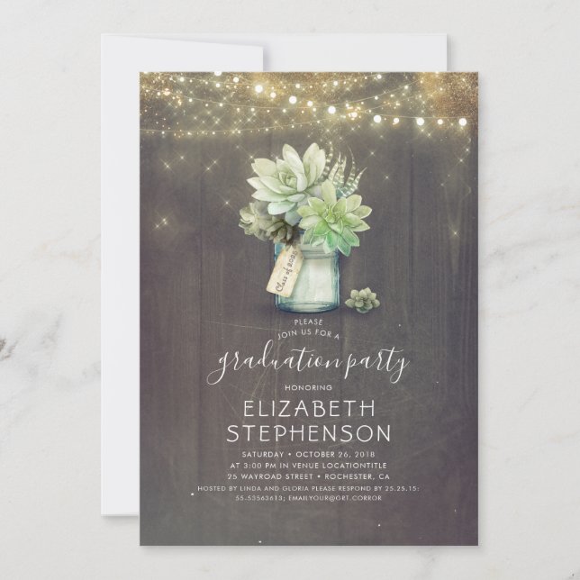 Succulents Greenery Mason Jar Rustic Graduation Invitation (Front)