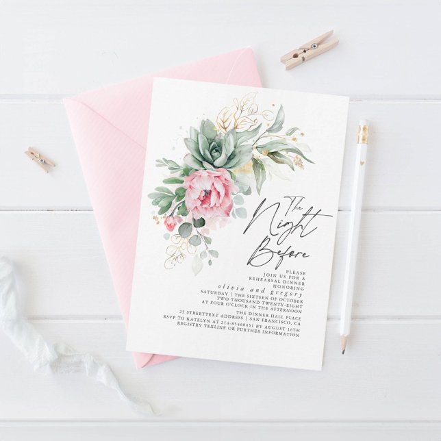 Succulents Greenery Pink Floral Rehearsal Dinner Invitation (Succulents Rehearsal Dinner Invitations)
