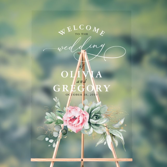 Succulents Greenery Pink Floral Wedding Welcome Acrylic Sign (Neutral)