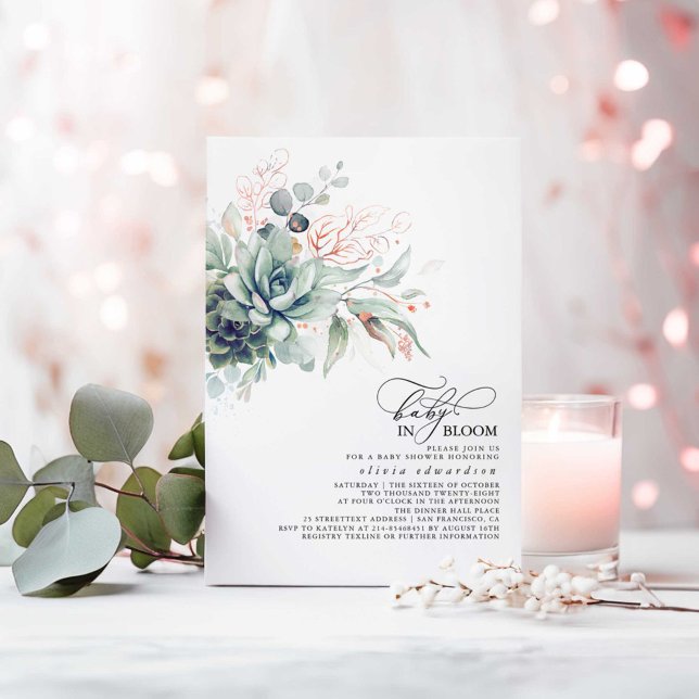 Succulents Greenery Pink Gold Leaves Baby Shower Invitation (Baby in Bloom Succulents Greenery Pink Gold and Sage Baby Shower Invitations)