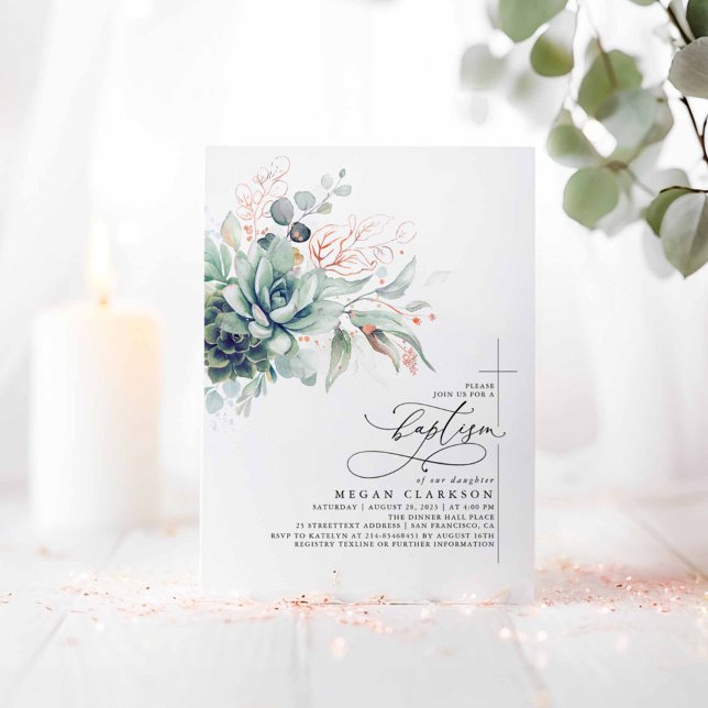 Succulents Greenery Pink Gold Leaves Baptism Invitation (Succulents Greenery Pink Baptism Invitations)