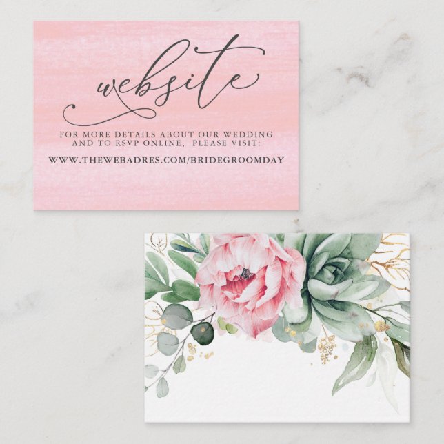 Succulents Greenery Pink Wedding Website Business Card (Front/Back)