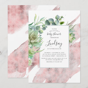 Succulents Greenery Rose Gold Glitter Baby Shower Invitation